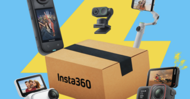 The image features a cardboard box with the text "Insta360" on it, surrounded by various camera devices. These include a 360-degree camera, a small action camera, a smartphone mounted on a gimbal, and a webcam-like device. The background is bright yellow with blue lightning bolt shapes.